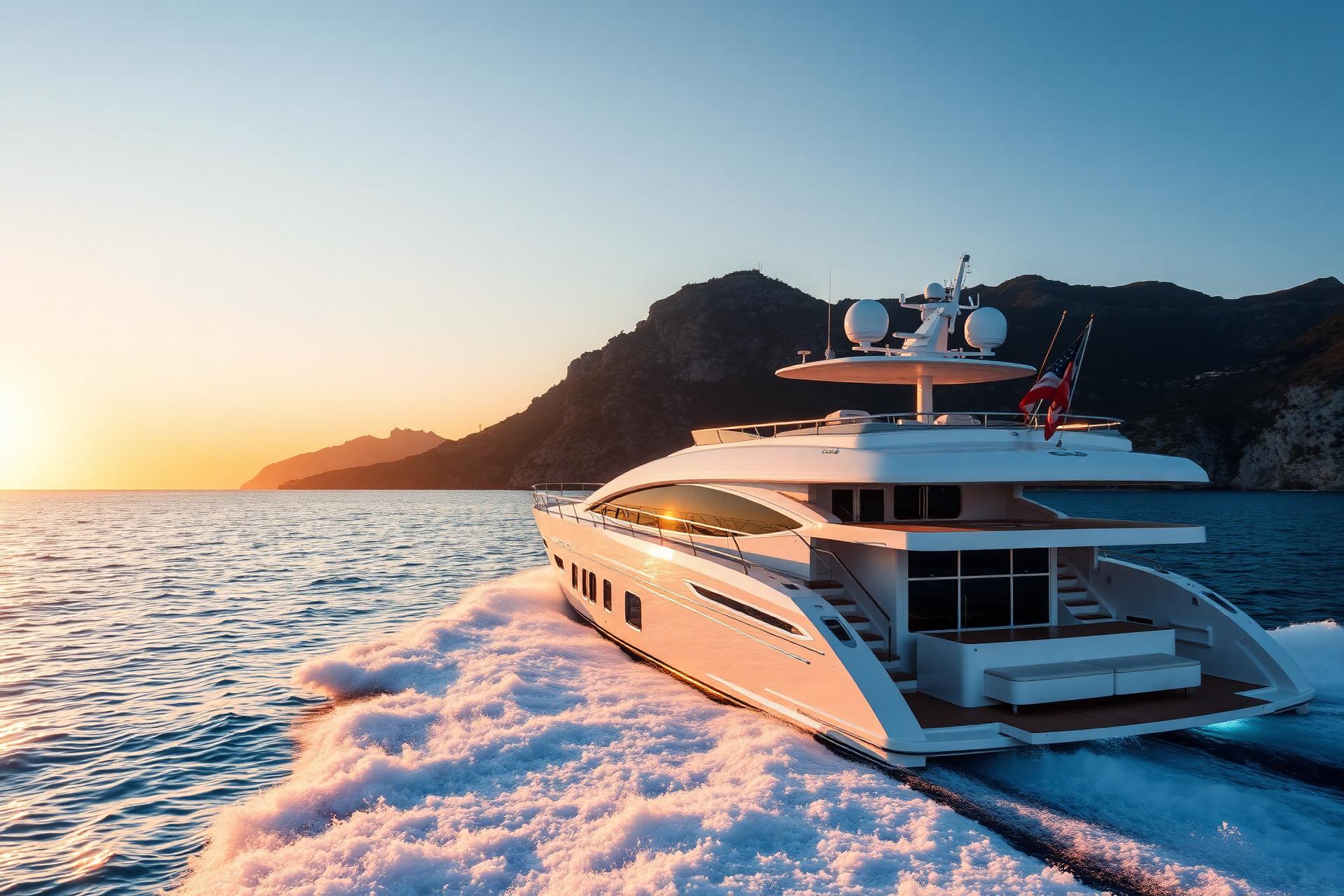 A white yacht cruising the Mediterranean at golden hour